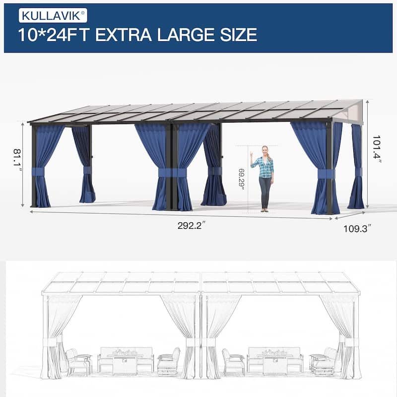 Wall Mounted Gazebo, Hardtop Permanent Outdoor Shade Canopy with Curtains for Deck, Backyard, Patio