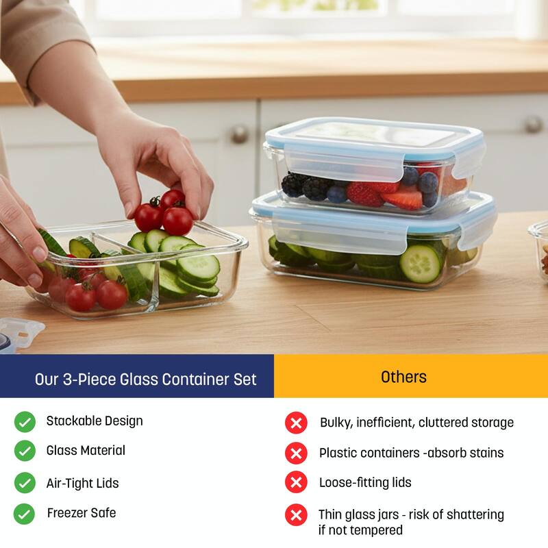 Westinghouse 3-Piece Glass Food Storage Container Set - 1050ml Each