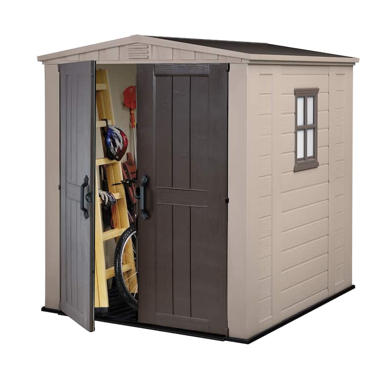 Keter Factor 6x6 ft. Resin Outdoor Storage Shed With Floor for Patio Furniture and Tools, Taupe Brown