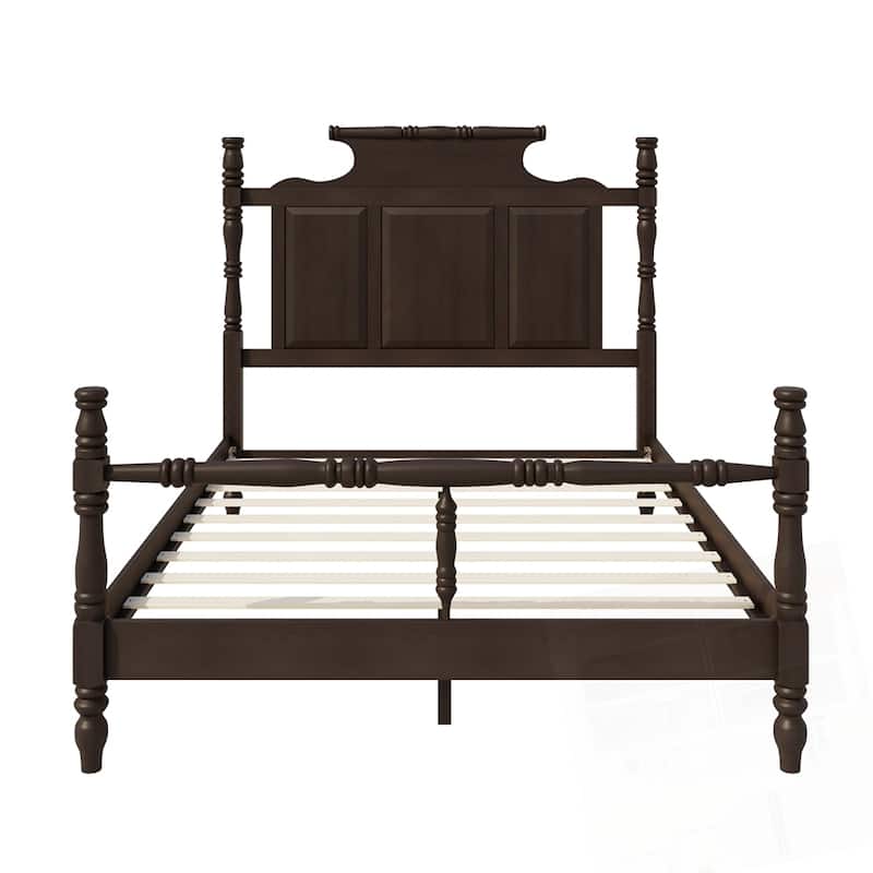 Vintage Country Style Wood Four Poster Platform Bed with High Crown-like Headboard