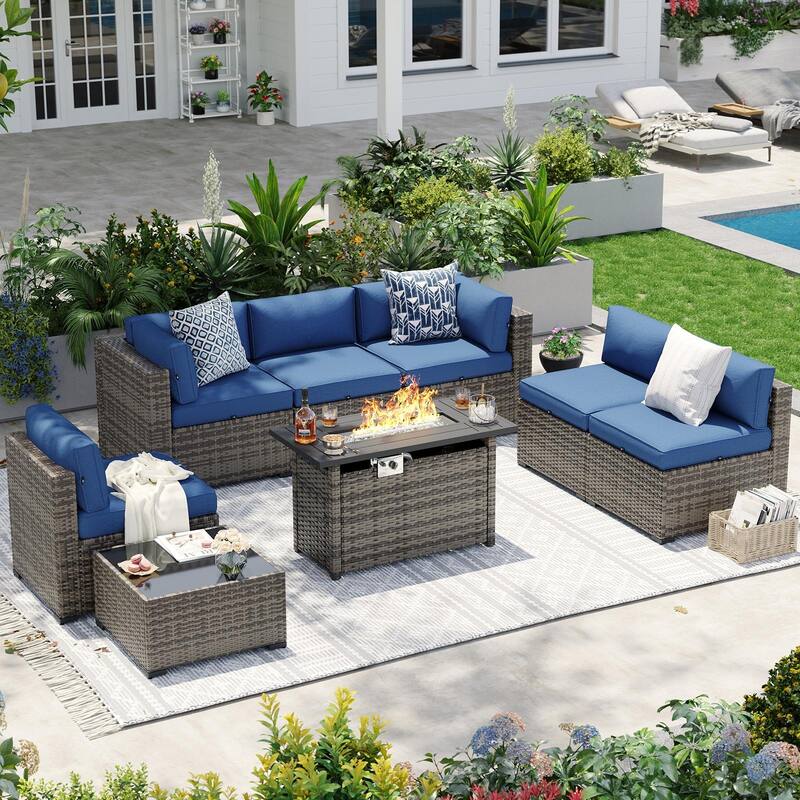 AOXUN Wicker Rattan Outdoor Sectional Sofa Set with Coffee Table - 8 pcs - Grey-Blue