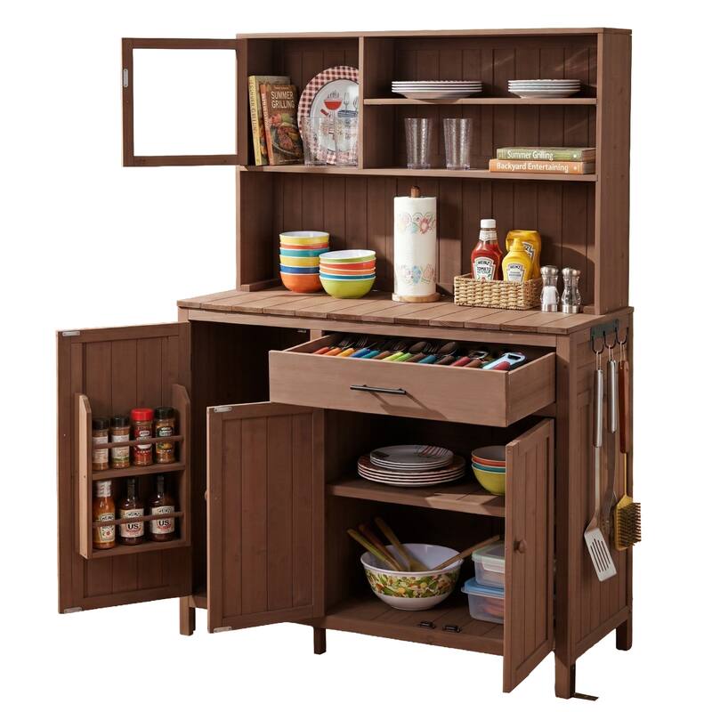 65" Solid Fir Wood Potting Bench with Hutch, Garden Workstation Table with Drawer, Spice Rack & Shelves