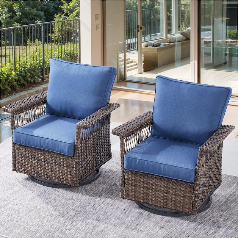 Gymojoy 2 Pieces Patio Swivel Rocker Wicker Chairs - Brown - Blue