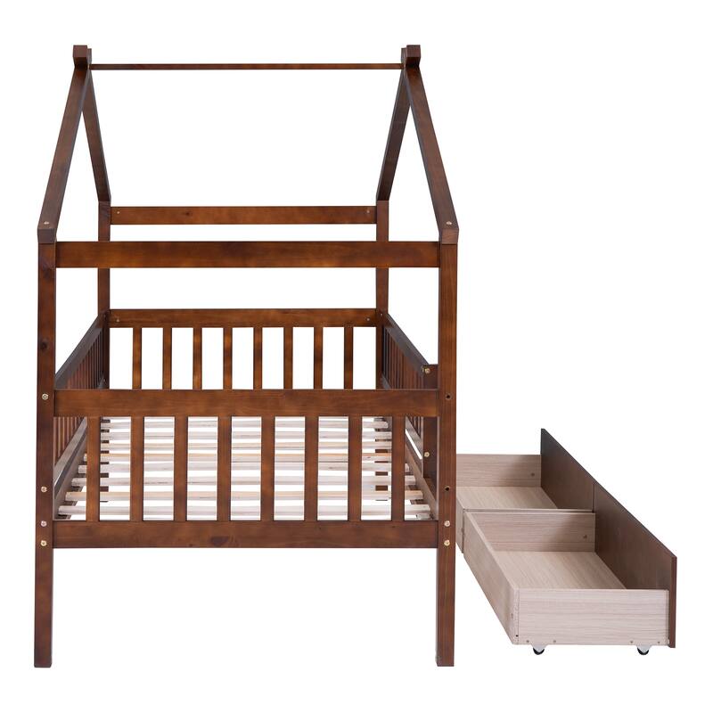 Wooden House Bed for Kids with Two Storage Drawers, Sturdy Twin Size Design