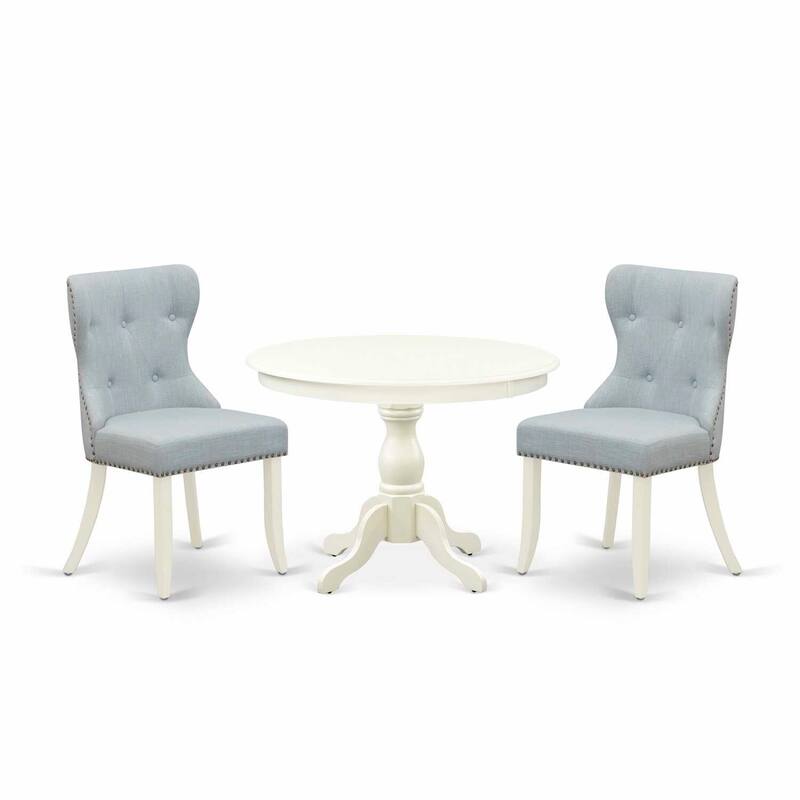 3-Piece Linen White Finish Solid Wood Top - Button Tufted Dining Room Set - Seats 4