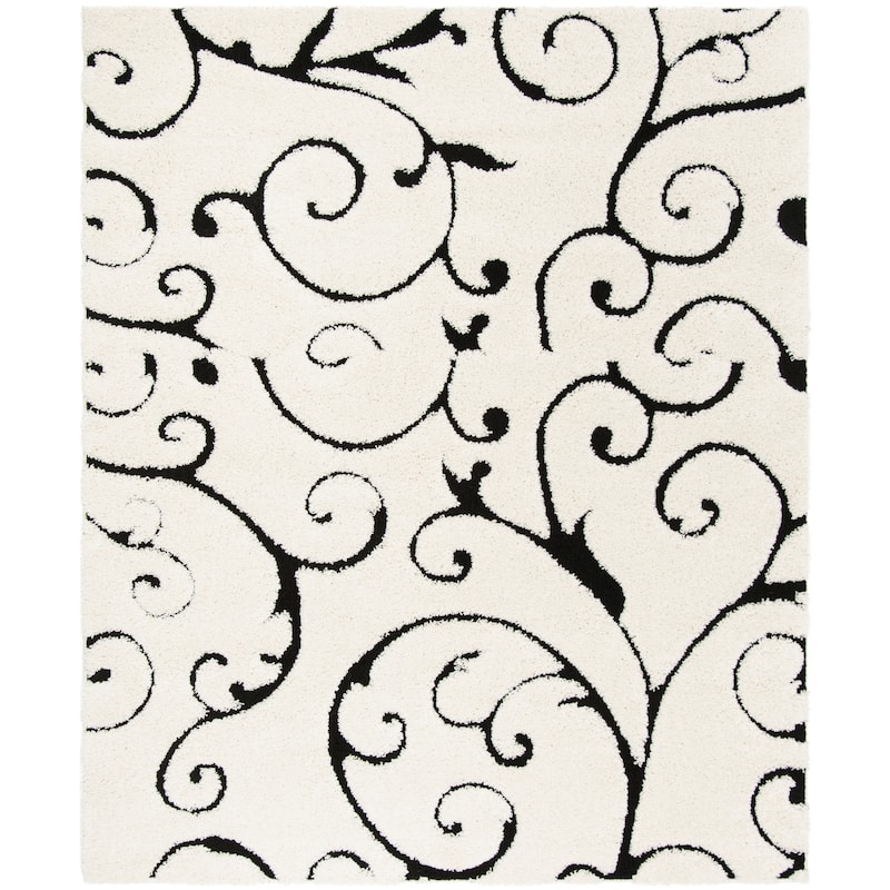 SAFAVIEH Florida Ryung Shag Scroll 1.2-inch Thick Textured Rug - 5' Square - Ivory/Black