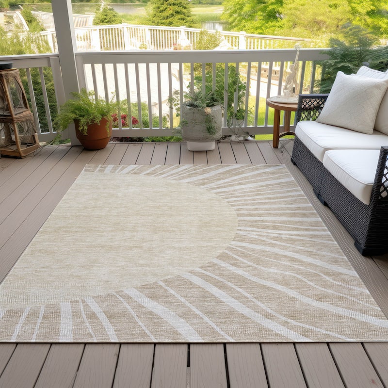 Machine Washable Indoor/ Outdoor Chantille Modern Sunburst Rug - Beige - 3' x 5'