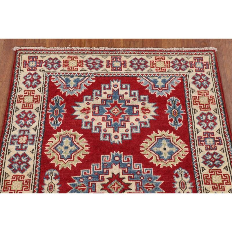 Geometric Red Kazak Accent Rug Handmade Wool Carpet - 2'9" x 4'0"