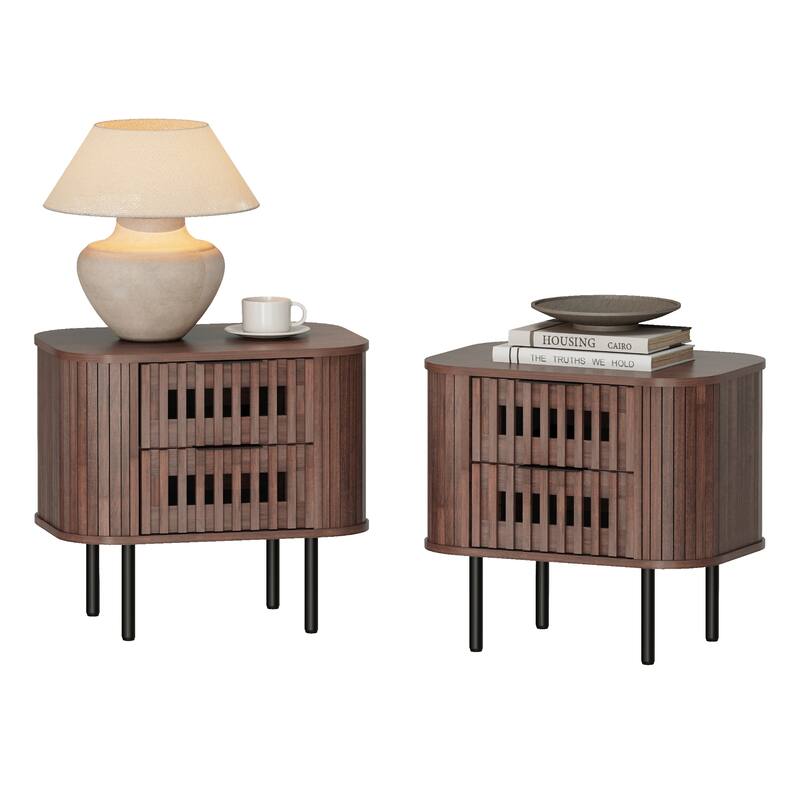 WAMPAT Fluted Nightstand with 2 Drawers,Wood End Table for Bedroom, Living Room - 4-drawer - Walnut