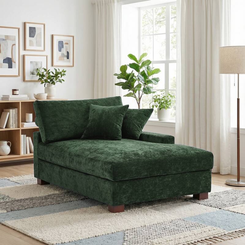Oversized Chenille Modular Chaise Lounge With Deep Seat - Right facing - Green