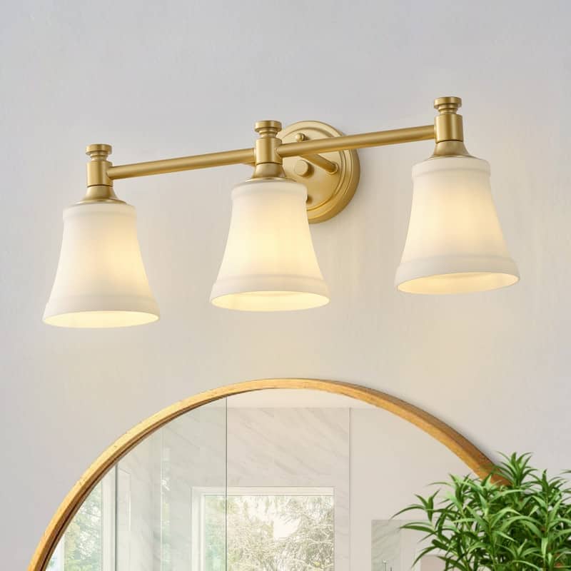 3 Light Antique Brass Vanity Wall Sconce with Frosted White Glass Shades Modern Vintage Bathroom Lighting Fixture