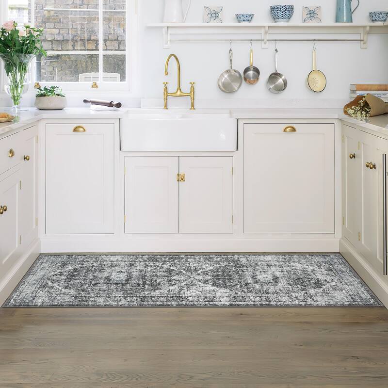 Machine Washable Area Rug Vintage Medallion Rugs Non Slip Low Pile Bedroom Rug