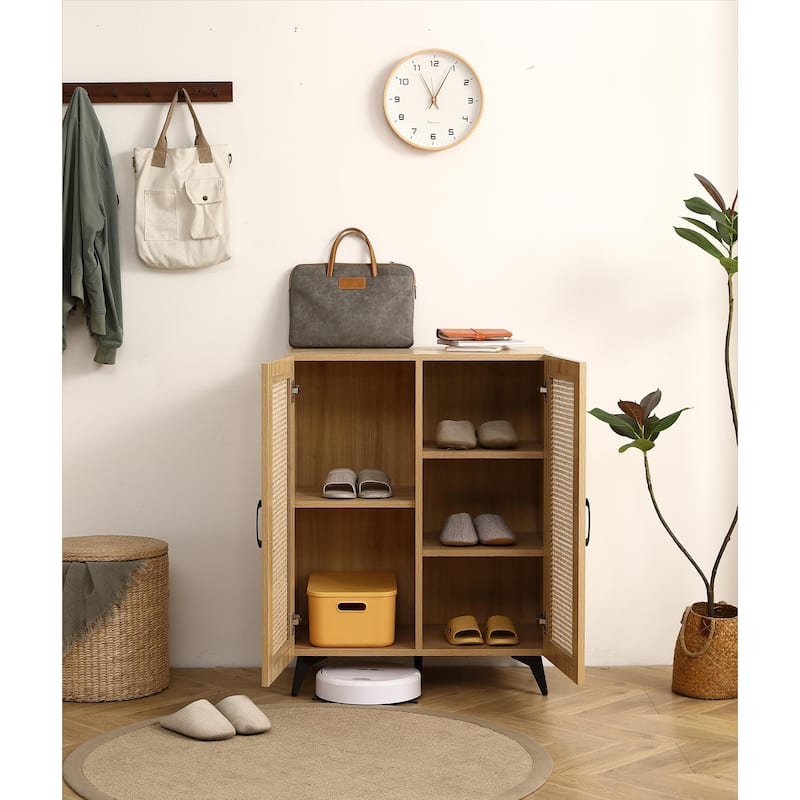 29.5inch Natural Rattan Storage Cabinet Double-Door Shoe Cabinet with Large Storage Space and Durable Structure