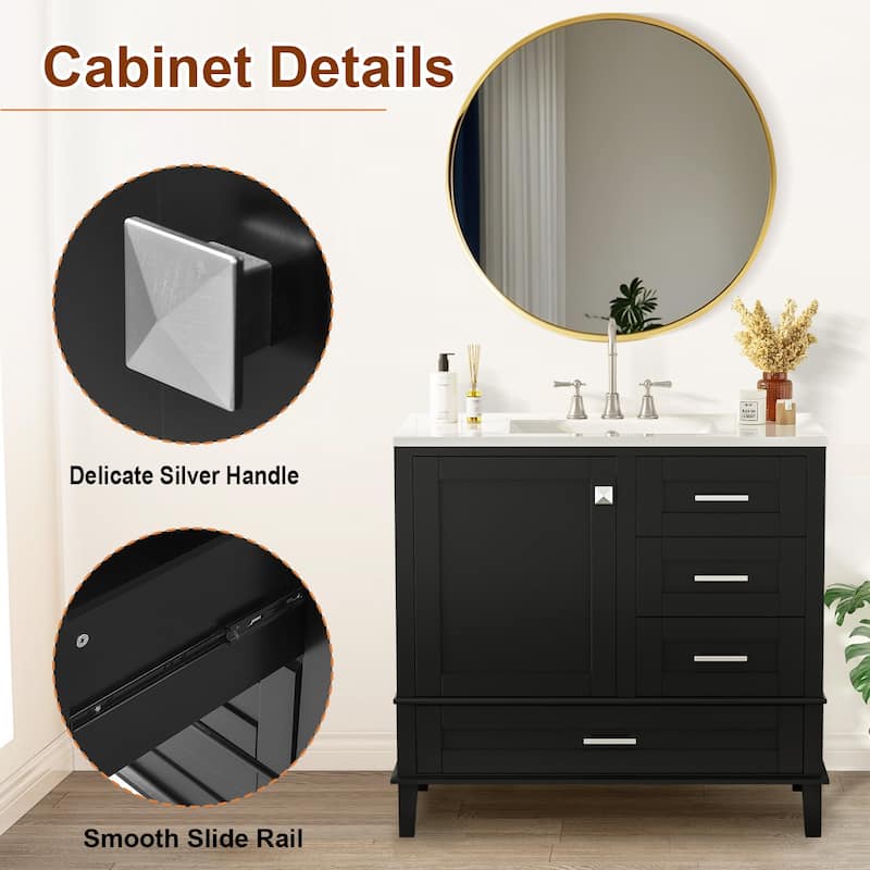 36" Bathroom Vanity with Ceramic Sink,Solid Pine Frame