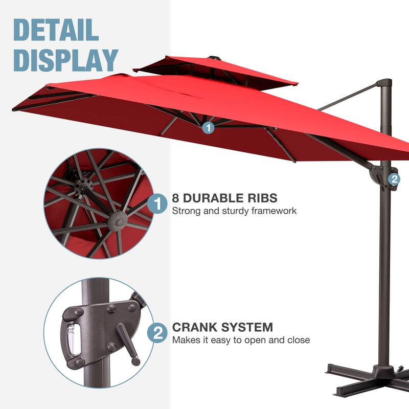 9x11 FT Rectangular Outdoor Patio Double Top Cantilever Umbrella with Rod Base