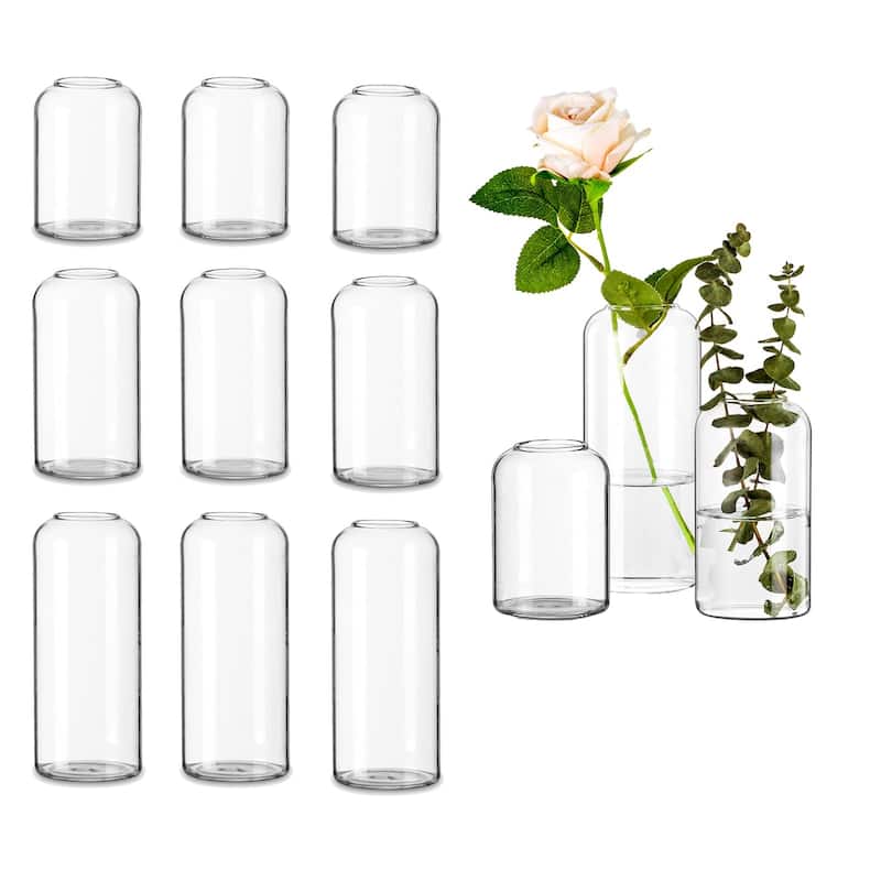 Glass Bud Vases for Centerpieces - Clear Small Flower Vase Decor Bulk Set of 12 Handmade Modern Decorative Vases - Silver