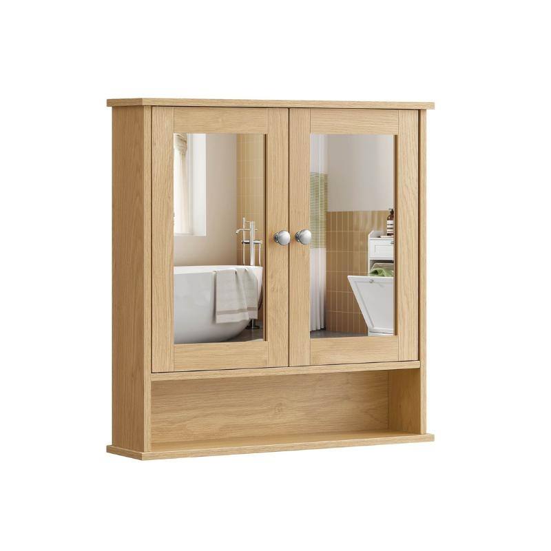 Wall Mounted Bathroom Cabinet with Mirrored Doors and Adjustable Shelf - 5.1"D x 22.2"W x 23"H - Natural Oak