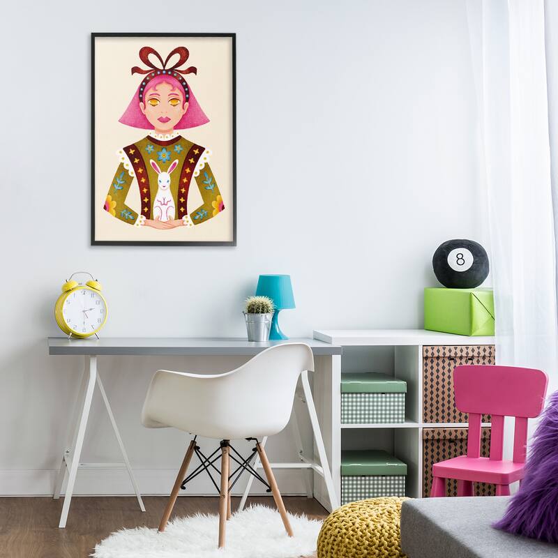 Stupell Pink Haired Girl & Bunny Framed Giclee Art Design By Hannah Moren