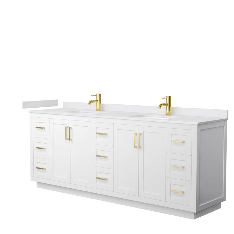 Miranda Double Vanity Set, Cultured Marble Top, No Mirror - 84-Inch Double - White, Gold Trim, White Cultured Marble Top