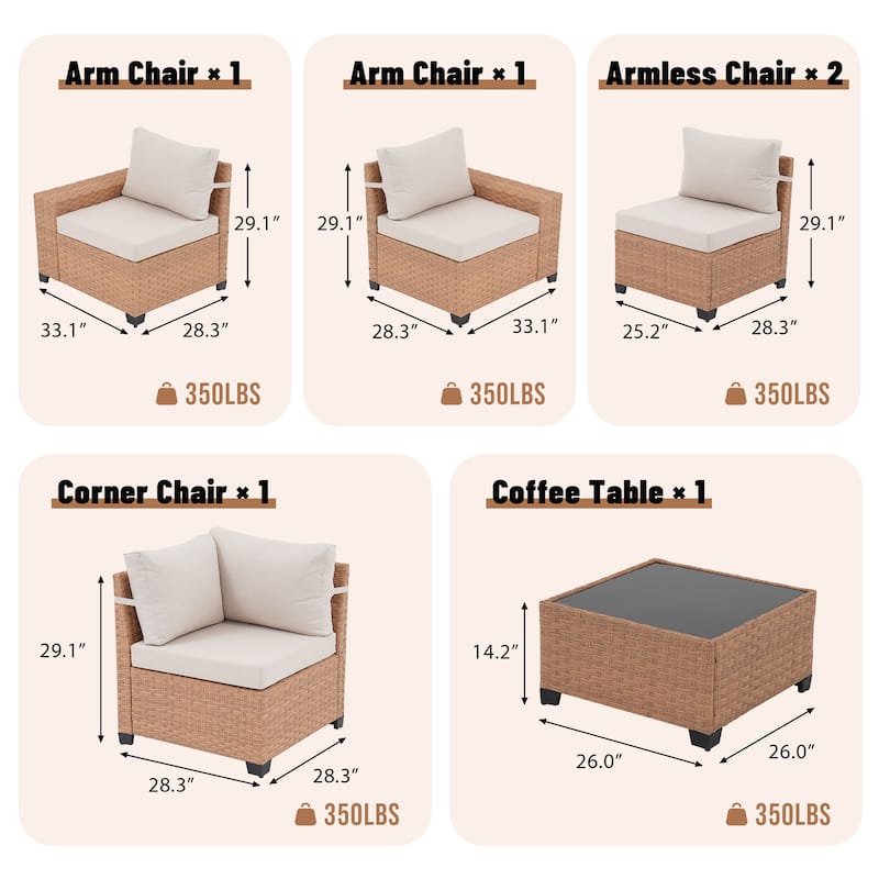 Outdoor Conversation Set L-Shaped Sectional Sofa 6-Piece with Cushions and Coffee Table PE Wicker Rattan Weather-Resistant