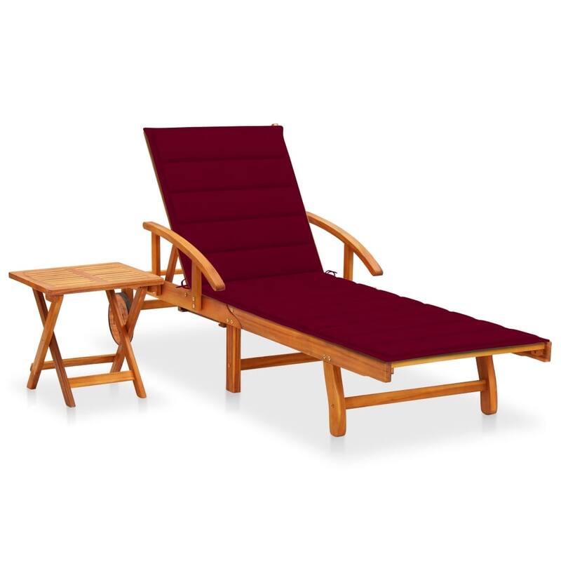 vidaXL Patio Lounge Chair Sunbed Sunlounger with Cushion Solid Acacia Wood - Wine red with Table