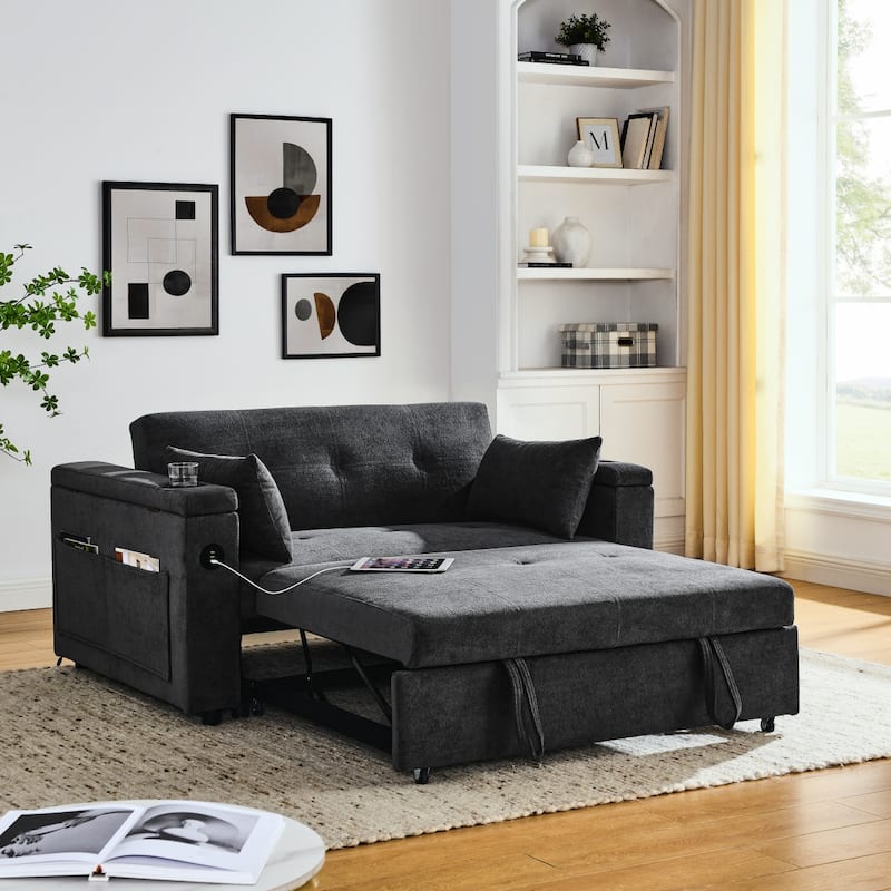 Sleeper Sofa Couch Bed, Pull Out Loveseat with Storage, Convertible Sleeper Sofa w/ Side Pockets, Adjustable Backrest & USB Port - Grey
