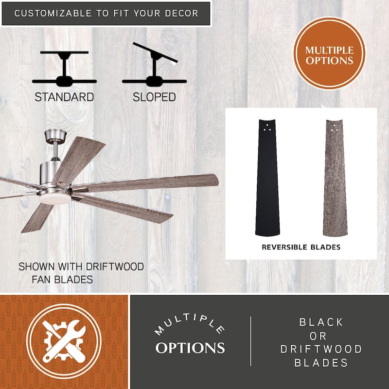 VAXCEL Wheelock Satin Nickel Outdoor Ceiling Fan, Reversible Black-Driftwood Blades, LED Light Kit, Remote 6 Speeds, DC Motor