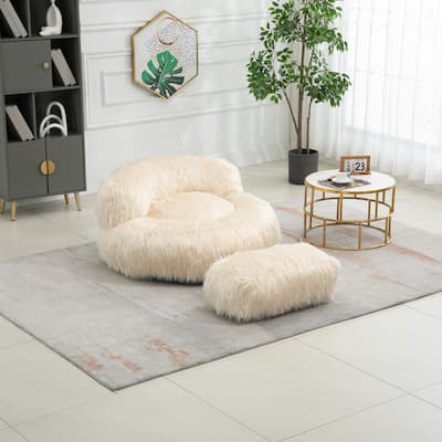 Fluffy Bean Bag Chair with Ottoman, Comfy Bean Bag Lounger for Adults ...