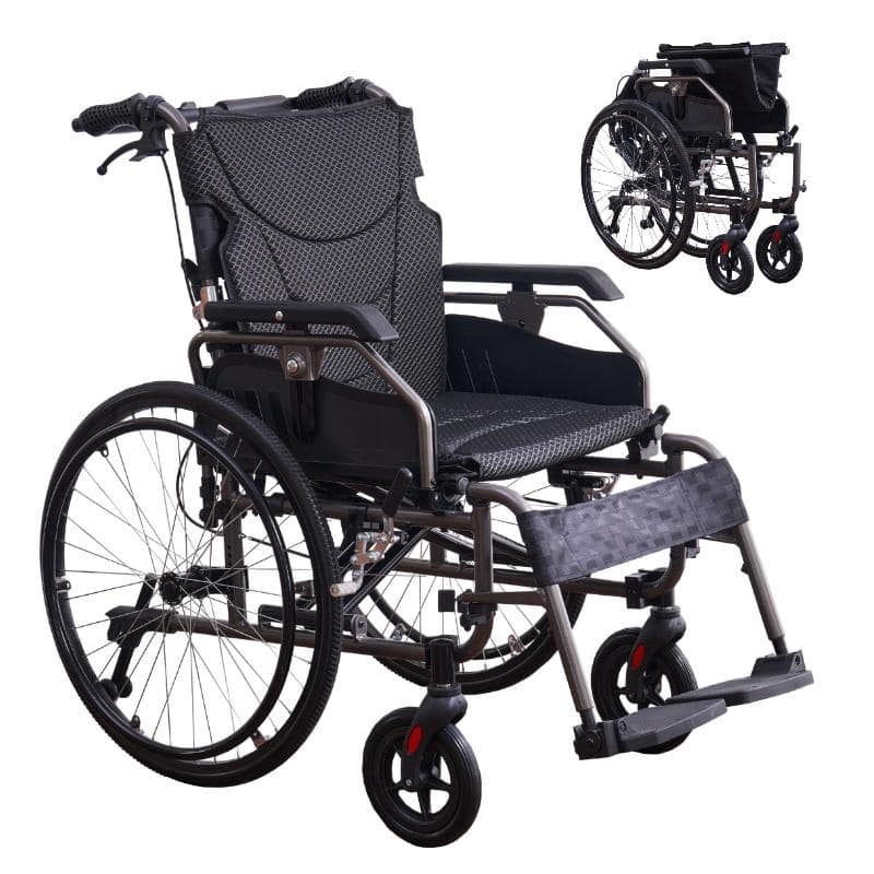 Aluminium multi-functional manual wheelchair. Hand brake. 24-inch quick detachable wheel. One-button adjustable handrail - Black+Grey