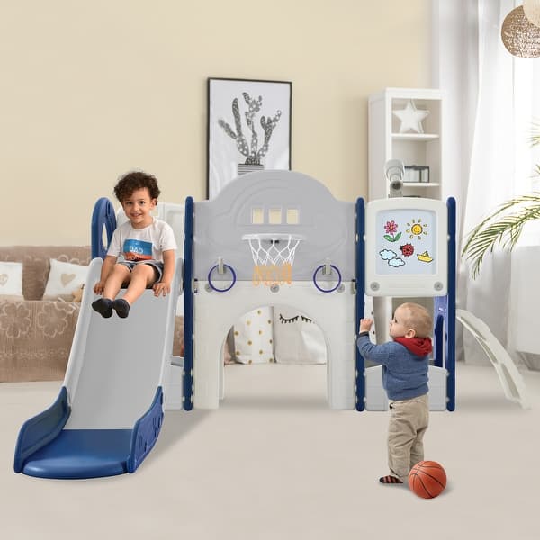 slide 2 of 45, 9 in 1 Toddler Slide Set, Toddler Climber Slide Playset with Arch Tunnel, Ring Toss, Drawing Whiteboardl and Basketball Hoop Blue+Grey