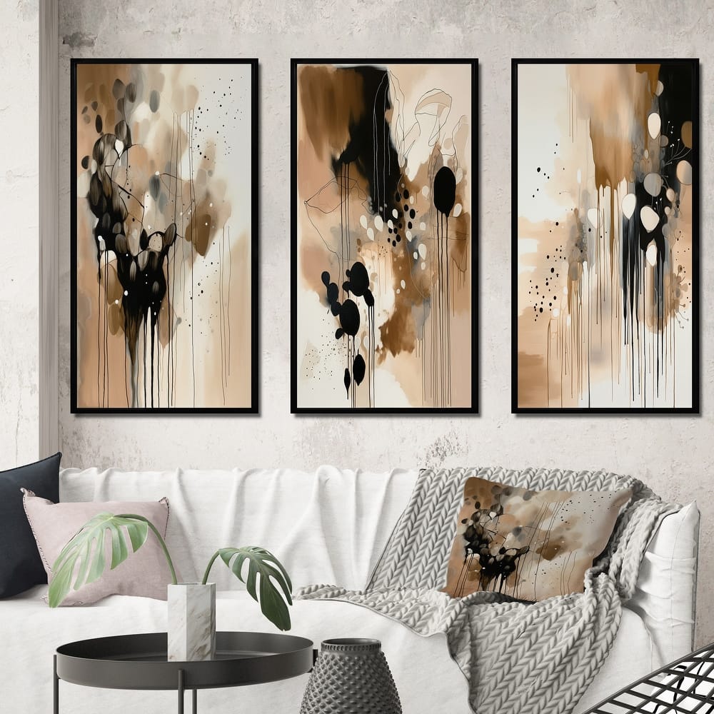 Designart "Brown Mindful Abstraction III" Abstract Framed Wall Art Set Of 3 Frame Gallery Wall Set For Home Decor
