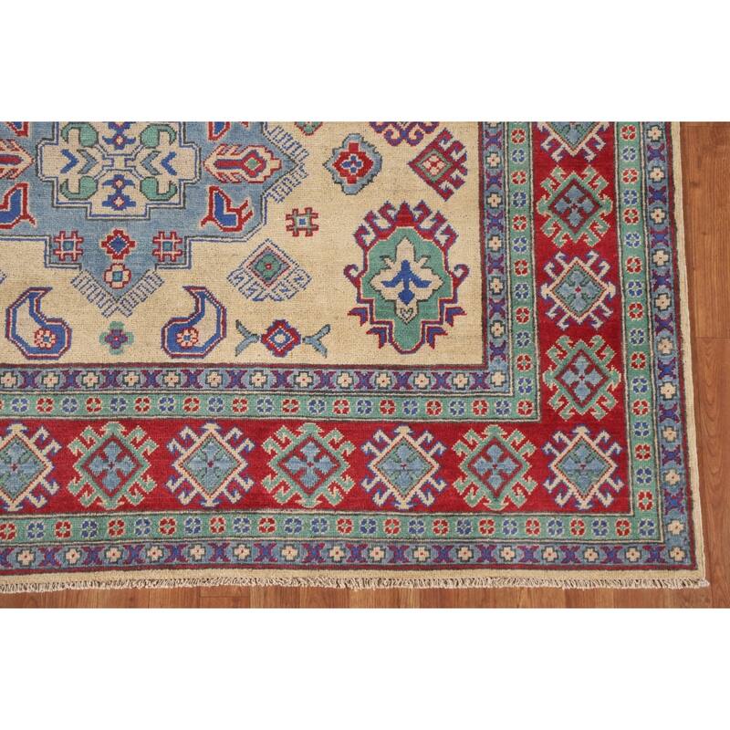 Hand Knotted Oriental 100% Wool Carpet Traditional Geometric Peach Kazak Area Rug - 9' 9'' X 6' 8''