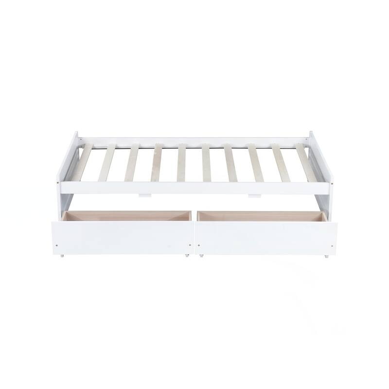 Twin Size Bed with 2 Drawers, Solid Rubber Wood Bed