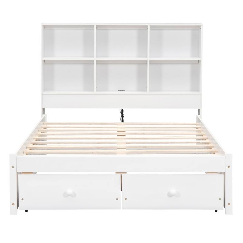 Full Size Platform Bed with Storage Headboard, Charging Station and 2 Drawers in White