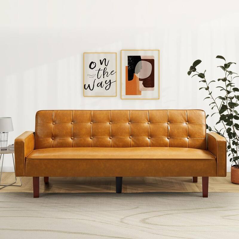 Faux Leather Futon Sofa Bed Sleeper Couch, Mid Century Button Tufted Upholstered Convertible Sofa Bed with Wooden Legs - Brown