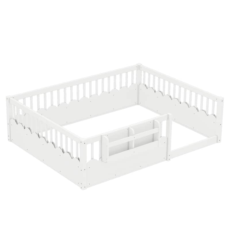 Montessori Floor Bed Kids Bed Frame with Heightened Fence and Bookshelf, Wavy Decoration Wood Platform Bed, No Slats Design