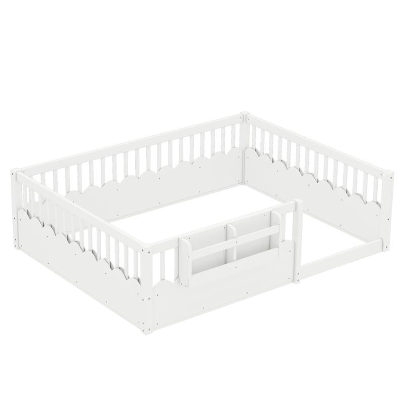 Queen/Full/Twin Floor Bed with Fence and Bookshelf, Wood Kids Floor Bed