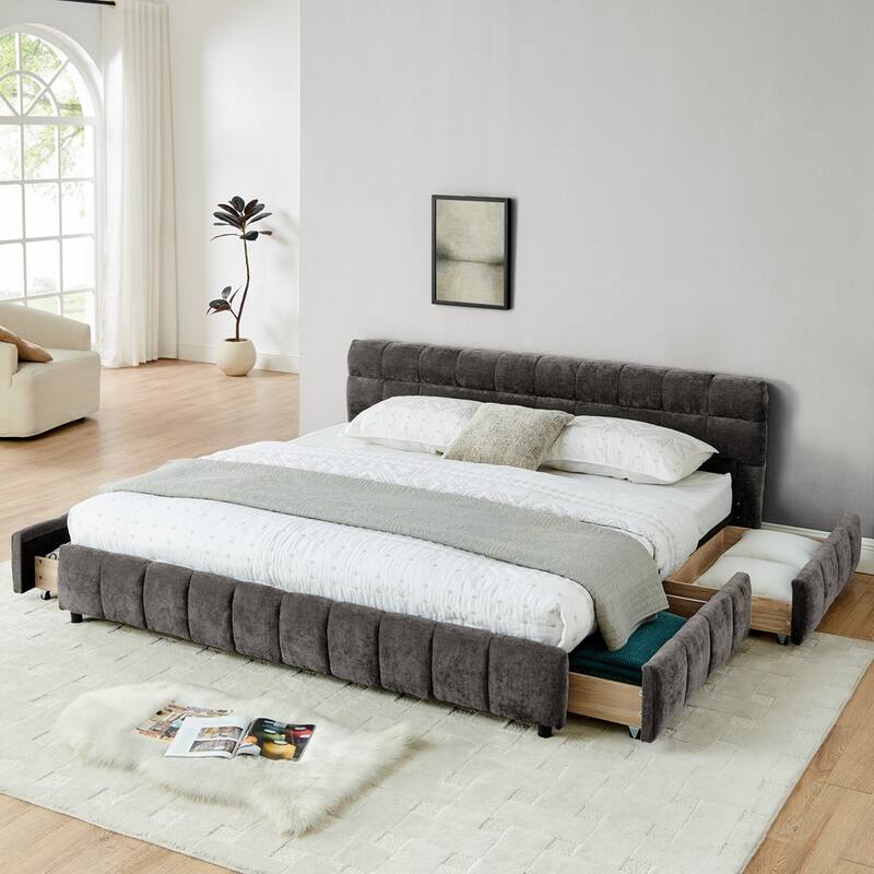 Chenille fabric Upholstered Bed with 4 drawers