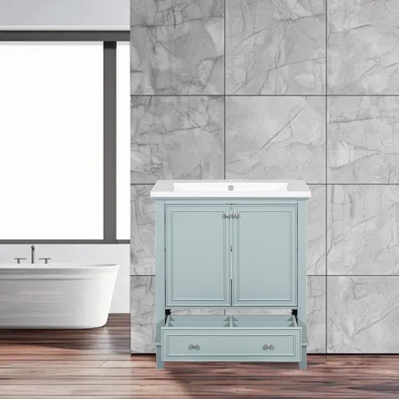Modern 30" Freestanding Bathroom Vanity with Ceramic Sink, 2 Doors, and Adjustable Storage Shelf