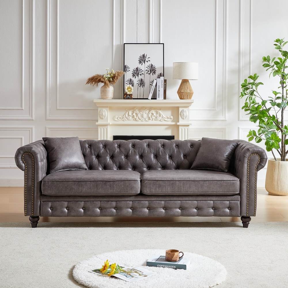 85.5" 3 Seater Button Tufted Chesterfield Sofa with Nailheads