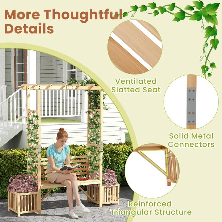 Natural Fir Wood Garden Arbor Bench with Trellis Planter Boxes - 73" x 22" x 80"