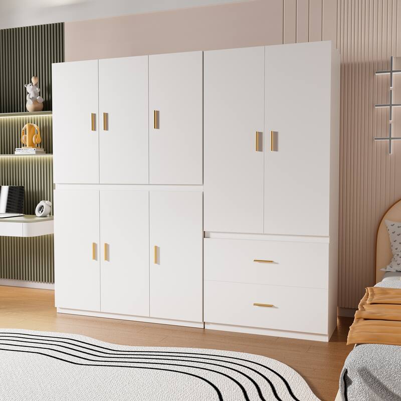 Gymojoy Armoire Wardrobe Closet, White Wooden Freestanding Clothes Storage Cabinet with Hanging Rods and Shelves for Bedroom - 6 Door & 2 Door Combo