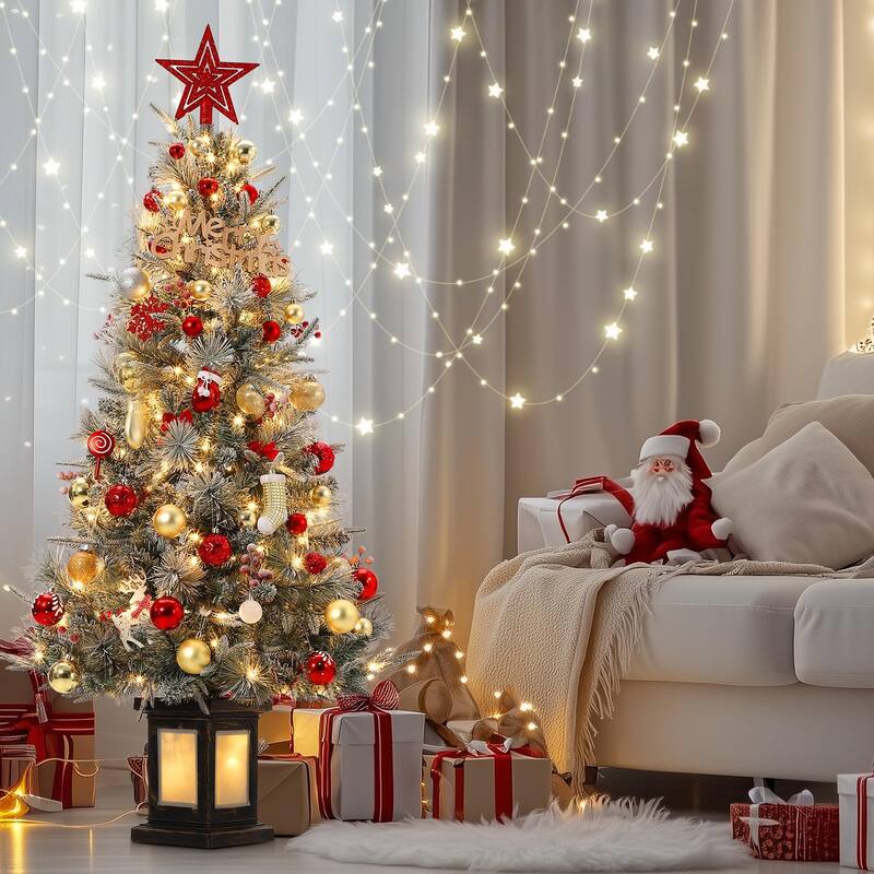 4.5 Ft Artificial Christmas Tree with 200 Warm White LED Lights and Red Berries Potted Base Holiday Xmas Tree
