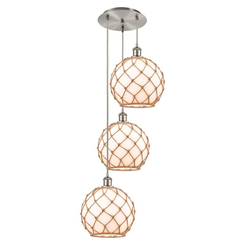 Innovations Lighting Endless Possibilities Ballston - Farmhouse Rope - 3 Light 17" Cord Hung Multi Pendant - White Glass with Brown Rope/Brushed Satin Nickel