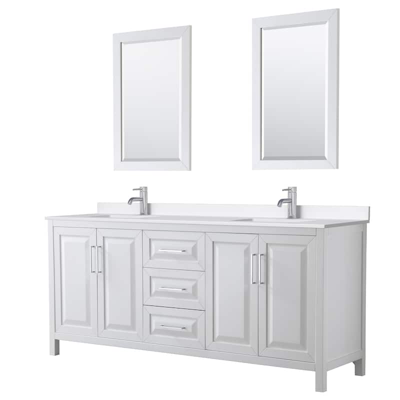 Daria 80-inch Double Vanity, Single Hole Quartz Top, 24-inch Mirrors - White, Chrome Trim, White Quartz Top