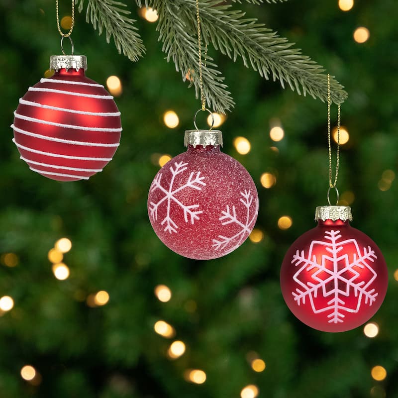 Snowflakes and Striped Glittered Glass Christmas Ornaments - 1.75-Inch (45mm) - Red - 12ct