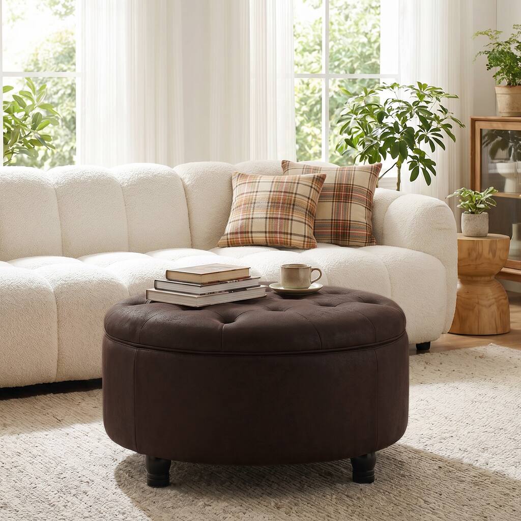 Tufted Round Storage Ottoman, Faux Leather