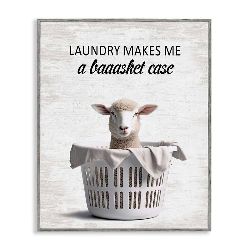 Stupell Funny Lamb Laundry Basket Framed Giclee Art Design By Lettered and Lined - 11 x 14 - Grey