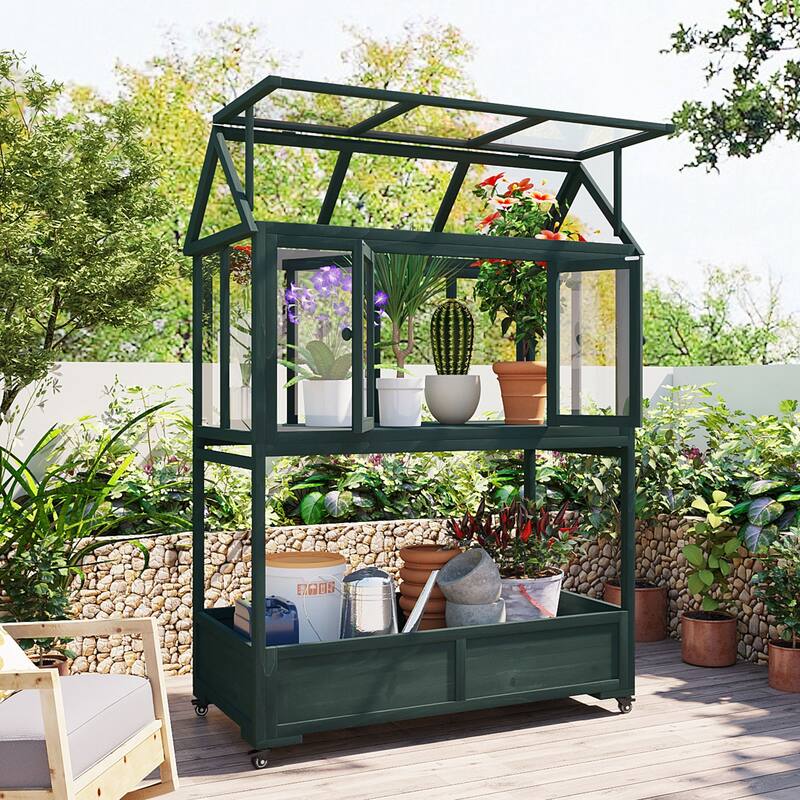 Garden Wood Portable Cold Frame with Movable Wheels Mini Greenhouse with Openable Roof and Storage Box