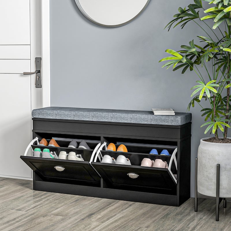 Modern Shoe Rack Bench with Two Large Drawers and Comfortable Padded Seat for Hallway Storage - 41" L x 9.5" W x 21.75" H